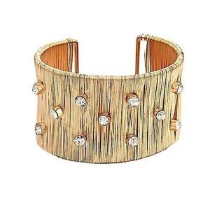Modern Textured Gold Open Bangle Bracelet Rhinestones Everyday Glam Jewelry